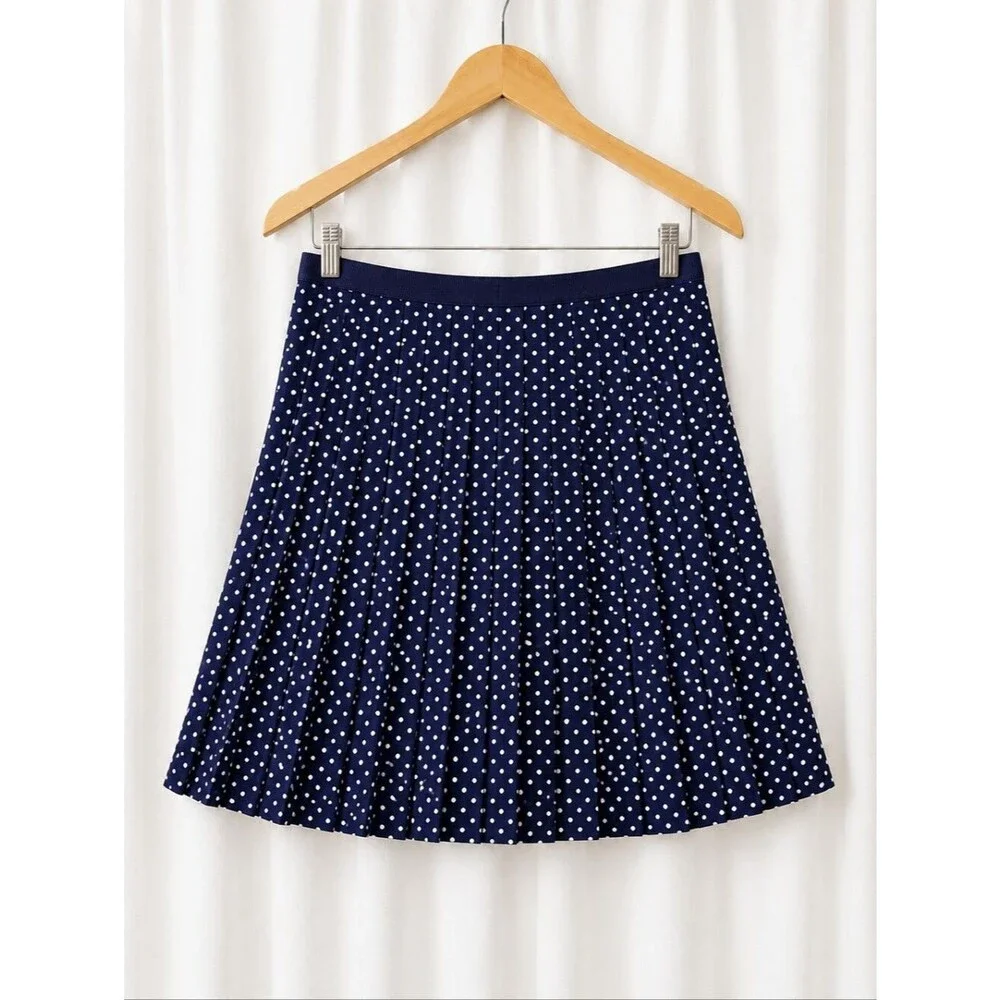 J. Crew Navy Blue White Micro Polka Dot Knife Pleat A-line Classic Preppy Skirt